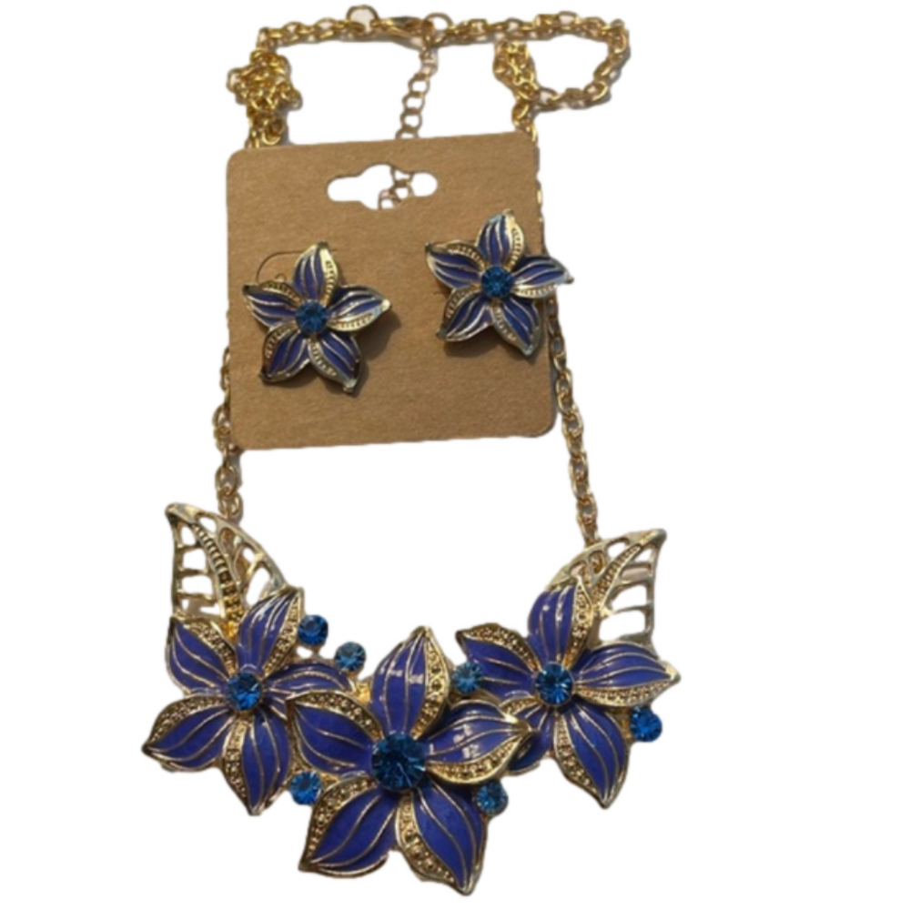 Statement Necklace and Matching Earrings of Blue and Gold Enameled Flowers